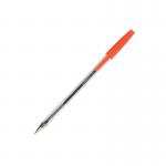 The picture displays a pack of 20 Q-Connect Ballpoint Pens in medium size with red ink. The pens are neatly lined up and have a sleek, modern design. The packaging is clean and professional, making it a great addition to any office or school setting.