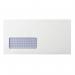 The image shows a stack of Q-Connect DL envelopes, with a window and a self-seal closure. They are made from 80gsm white paper and come in a pack of 1000.