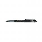 The image shows 10 sleek and professional fine black rollerball pens from Q-Connect. Each pen features a smooth and consistent liquid ink flow for effortless writing. The pens are neatly packaged and ready for use.