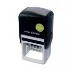 This photograph showcases a Q-Connect Ink Stamp with a Q-Connect Voucher for a Custom Self-Inking Date Stamp. The stamp measures 43x28mm and is identified by the product codes KF71433. The stamp features a sleek design and the voucher adds a personalized touch.
