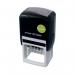 This photograph showcases a Q-Connect Ink Stamp with a Q-Connect Voucher for a Custom Self-Inking Date Stamp. The stamp measures 43x28mm and is identified by the product codes KF71433. The stamp features a sleek design and the voucher adds a personalized touch.