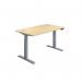 The Jemini Sit Stand and Height Adjustable Desks boast a sleek design, featuring a spacious 1200x800x630-1290mm MapleSilver work surface and convenient cable ports. With its versatile sit-stand capability, this desk allows for effortless transitions between sitting and standing positions. Perfect for any modern office setting.