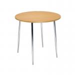 In this photo, a round beech and chrome bistro table from VOW Bistro Tables is shown. The table measures 800x800x740mm and features a sleek, modern design. The rich wood tone contrasts with the shiny chrome legs, creating a stylish and functional piece of furniture.