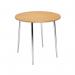 In this photo, a round beech and chrome bistro table from VOW Bistro Tables is shown. The table measures 800x800x740mm and features a sleek, modern design. The rich wood tone contrasts with the shiny chrome legs, creating a stylish and functional piece of furniture.