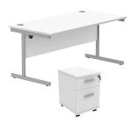 Astin Rectangular Desk 1600x800x730mm +2Drw Under Desk Pedestal Arctic White/Silver KF820207 KF820207