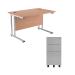 First Rectangular Cantilever Desk 1200mm Oak Top Silver Legs and Slimline Silver Pedestal KF839457