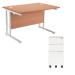 First Rectangular Cantilever Desk 1600mm Beech Top White Legs and Slimline white Pedestal KF839471