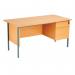 A photo of the Serrion Rectangle Desks shows a sleek and modern design with a 4-leg desk and 2-drawer pedestal. The desk is spacious at 1500x750x725mm and has a beautiful Ellmau Beech finish. Perfect for any office space or work environment.