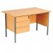 This picture showcases the Serrion Rectangle Desks in Ellmau Beech finish. The 4 leg desk measures 1200x750x725mm and is accompanied by a 3 drawer pedestal. The desk has a sleek and modern design, perfect for any office space. The rich wood color adds warmth and sophistication to the room.