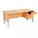 This picture shows two Serrion Rectangle Desks in a stylish Ellmau Beech color. Each desk features four legs and measures 1800x750x725mm. There is also a matching 3-drawer pedestal for storage. The desks are sleek and modern, perfect for any office environment.