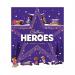 The photograph shows a colorful Mondelez International Chocolate Cadbury Heroes Chocolate Advent Calendar, measuring 230g. The calendar features small, individually wrapped chocolates behind each days numbered window. Bright packaging includes the Cadbury logo and a festive design, enticing chocolate lovers to indulge in this holiday treat.
