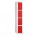 This image shows a sleek Lion Steel Locker Probe Standard Locker made of durable steel measuring  1780x305x305. Its carcass is white and the door is eye-catching red. It features a secure hasp and staple lock and a flat top. This model has 1 to 4 tiers for neat organization.