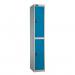 In this image, we see a Lion Steel Lockers Probe Standard Locker made of durable steel and measuring 1780x305x460. This particular locker has a silver grey carcass and blue doors, secured with a cam lock. The top is flat and the locker is configured with 1-2 tiers.