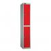 This photograph showcases a Lion Steel Probe Standard Locker made of steel with a 1780x305x460 measurement. It has a silver grey carcass with red doors and is equipped with a hasp & staple lock. The top is flat, and the overall look exudes durability and security.
