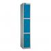 In the photo, you can see a silver grey Lion Steel Lockers Probe Standard Locker, measuring 1780x305x460, with a blue door and a flat top. It has 3 tiers and a cam lock, and is part of the SAAC1CSGBLCA F nest. The steel material gives it a sturdy appearance.