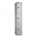 The picture shows a tall, grey locker made of sturdy steel, with three tiers of storage compartments. Each door has a sleek silver grey color and is secured with a cam lock. The flat top adds a streamlined look to this industrial-style storage solution.