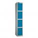 This image shows a set of Lion Steel lockers, with a standard locker design and dimensions of 1780x305x460. The locker carcass is a sleek silver grey color, while the doors are a vibrant blue. The lock used is a hasp & staple type, and the lockers feature a flat top design.