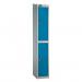 In this picture, you can see a Lion Steel Locker with a sleek silver grey carcass and a bright blue door. It has a hasp and staple lock, and a sloping top. This locker has two tiers and is 1930x305x460 in size. It is perfect for any storage needs in a professional or educational setting.