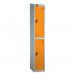 In this photograph, you can see a standard locker made of lion steel, with the dimensions of 1930x305x460. The nest design allows for 1 - 2 tiers, and it comes in a sleek silver grey carcass with bright orange doors. A cam lock secures the contents, and theres a sloping top for added convenience.