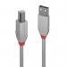 The image shows a grey Lindy Anthra Line USB 2.0 cable with Type A and Type B connectors, along with extensions. The cable is 3 meters in length and has a sleek and modern design. The connectors are clearly labeled and the cable appears to be durable and high-quality.