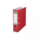 The photo shows a stack of 10 bright red Leitz Lever Arch Files. Each file has a 80mm spine and is made from durable poly material. The front and back covers feature the iconic Leitz branding, adding a touch of professionalism. These A4 sized files are ideal for organizing and storing important documents.