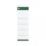 The photograph shows a pack of Leitz spine labels, specifically the self-adhesive version. There are 10 labels in the pack. The labels are designed for use on spines of books or files, with the Leitz logo and product name clearly visible. The labels are on a white background with black text and a red border.