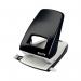 A black Leitz NeXXt hole punch, able to punch up to 40 sheets at once, is pictured with the recognizable Leitz logo. The design is sleek and modern, with an ergonomic handle for easy use. The precision punches create clean and precise holes.