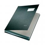 This photo shows a black Leitz Visitors Book with a hard cover and a signature book measuring 240x340mm. The book is elegantly designed with a sleek and professional appearance, perfect for keeping track of guests signatures and comments.