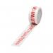 The photograph shows six rolls of Ambassador Quarantine Tape, each with a white and red printed handle with care design. Each roll measures 50mmx66m and is made of durable polypropylene material. The tape is intended for use in quarantine situations and is perfect for marking packages with caution.