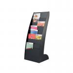 The image shows a sleek black curved literature display unit designed for floor standing placement. It features 8 compartments to hold various paper materials, and has a fast paper design for easy access and organization.
