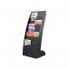 The image shows a sleek black curved literature display unit designed for floor standing placement. It features 8 compartments to hold various paper materials, and has a fast paper design for easy access and organization.