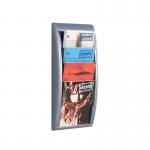 The image features a sleek, silver wall display unit with a quick fit system designed for fast and efficient paper organization. The unit can hold up to four A4-sized documents and is perfect for any modern office space. The display exudes a clean and professional look, making it a practical addition to any workplace.