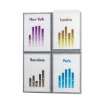 The photo shows a sleek silver display unit with multiple compartments for A4 size papers. It is wall-mounted and appears to be made of fast paper material, making it durable and efficient for organizing information.