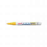 This photo features a vibrant set of Uni-Ball UniPAINT PX21 Paint Markers in fine point yellow, packaged in a 12-pack. The markers have a smooth and glossy finish, perfect for creating bold and detailed designs on various surfaces.