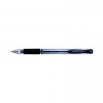 The picture showcases a set of 12 black uni-ball Gel Rollerball Pens. The pens have a comfortable grip and use gel ink for smooth and bold writing. The pack has the brands signature logo and design.