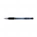 The picture showcases a set of 12 black uni-ball Gel Rollerball Pens. The pens have a comfortable grip and use gel ink for smooth and bold writing. The pack has the brands signature logo and design.