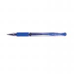 The picture shows a pack of 12 blue uni-ball Gel Rollerball Pens with a Uni-Ball Signo Gel Grip design. The pens have a smooth, comfortable grip and a classic rollerball tip.
