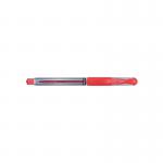 The image shows a pack of 12 red uni-ball Gel Rollerball Pens. Each pen has a comfortable gel grip and clear ink that smoothly glides onto paper when used. These high-quality rollerball pens are perfect for writing and drawing.
