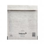 The photograph captures a stack of 100 Mail Lite padded envelopes in size E2, measuring 220x260mm. The envelopes are in a striking oyster white color and feature a bubble-lined interior for added protection. The packaging is labeled with the product name and company logo.