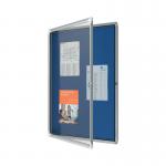 The image shows a sleek Nobo Premium Plus Felt Lockable Notice Board. It has room for 9xA4 documents and features a Nobo logo in the corner. The board is made of durable materials and has a secure lock for important notices. The vibrant felt background adds a professional touch to any space.