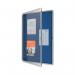 The image shows a sleek Nobo Premium Plus Felt Lockable Notice Board. It has room for 9xA4 documents and features a Nobo logo in the corner. The board is made of durable materials and has a secure lock for important notices. The vibrant felt background adds a professional touch to any space.