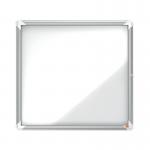 The picture shows a stylish Nobo Premium Plus outdoor magnetic notice board, measuring 708x667x43mm. It is lockable and can hold 6xA4 size documents. The sleek design makes it an ideal choice for displaying important notices and information outdoors.