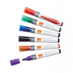The picture shows a pack of Nobo Whiteboard Pens in assorted colors. The pens have a liquid ink and a drywipe marker for easy writing and erasing on whiteboards. The pack contains 6 pens in vibrant shades with a sturdy design. Perfect for writing and drawing on any whiteboard surface.