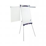 This photo features the Nobo Shark Flipchart and Drywipe Easel in blue and silver, along with a pack of Nobo Flipchart Easels & Pads. The easel is set up and ready to use, with the pad attached and markers placed in the tray. The sleek and modern design of the easel stands out in the room.