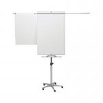 The image shows two Nobo flipchart easels and a mobile Piranha drywipe easel, both in blue and silver. The easels are sturdy and adjustable, with spacious pads for writing and convenient mobile wheels for easy movement.