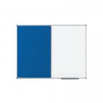 A photograph of the Nobo Combi Notice Boards shows a sleek and modern design with a blue felt surface and a durable steel frame. The classic combination of materials creates a professional yet stylish look. Measuring 900x600mm, this noticeboard is perfect for any office or workspace.