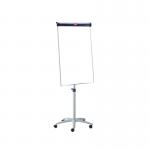 The image shows a dark blue flipchart easel with a built-in dry erase board. The easel is mobile, allowing for easy transportation. The brand Nobo Barracuda is visible on the base of the easel. Easel legs are fully extended and the flipchart pad is mounted on the top of the easel. The pad has a white background with a faint grid pattern. A marker and eraser are positioned on the tray at the bottom of the easel. The overall appearance is professional and perfect for presentations or brainstorming sessions.