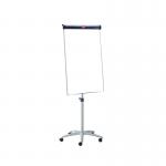 This photograph features a dark blue Nobo Barracuda Mobile Flipchart and Drywipe Easel. It includes Nobo Flipchart Easels and Pads, creating a sleek and professional presentation setup. The mobile design allows for easy transport and the flipchart easel provides a convenient writing surface.