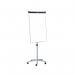 This photograph features a dark blue Nobo Barracuda Mobile Flipchart and Drywipe Easel. It includes Nobo Flipchart Easels and Pads, creating a sleek and professional presentation setup. The mobile design allows for easy transport and the flipchart easel provides a convenient writing surface.
