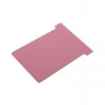 A pack of 100 pink Nobo T-cards in size 3, measuring 80 x 120mm. They are rectangular with a smooth surface and have a slot cut at the top for easy insertion onto a T-card panel. These cards are ideal for organizing and categorizing information in an office or educational setting.